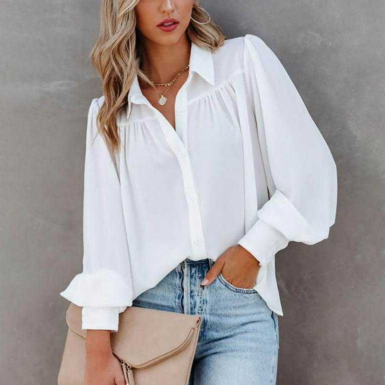 adviicd Button-Down Shirt Dressy Tops For Women Women's V Neck Batwing Half  Sleeve Shirts Waffle Knit Loose Blouse Solid Color Tops White XXL 