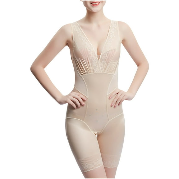 Elainilye Fashion One Piece Bodysuit with Waistband and Lace One-piece Seamless Bodysuit Shapewear,Beige