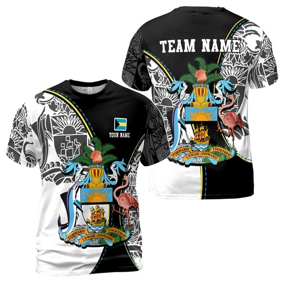 Custom Name Bahamas Flag Coat of Arms Symbol Pattern Men's T-shirt S-5XL