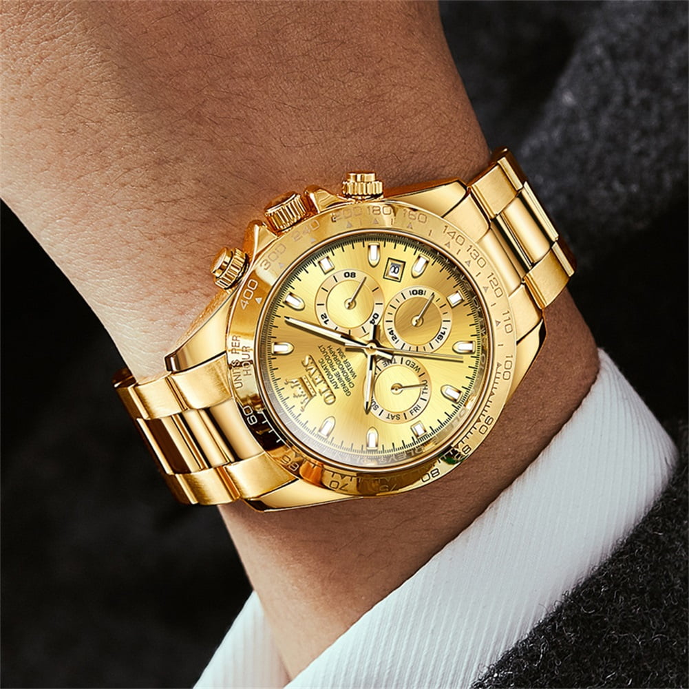 OLEVS Automatic Watches for Men Self Winding Chronograph Mechanical Luxury Dress Stainless Steel Calendar Date Waterproof Luminous Mens Wrist Watches Gift Reloj Para Hombre Gold/Black/Blue/Green Dial