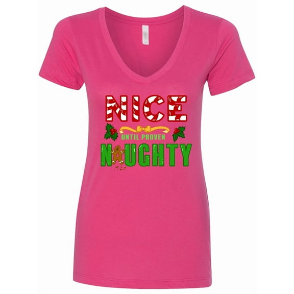 Inktastic Nice Until Proven Naughty with Holly and Gingerbread Man Women's V-Neck T-Shirt