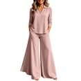 thumbnail image 2 of Cagogo Women Plus Size 2 Piece Outfit V Neck Long Sleeve Top Wide Leg Pants Casual Sets Solid Loungewear Lounge Set Travel Airport Clothes, Pink S, 2 of 7
