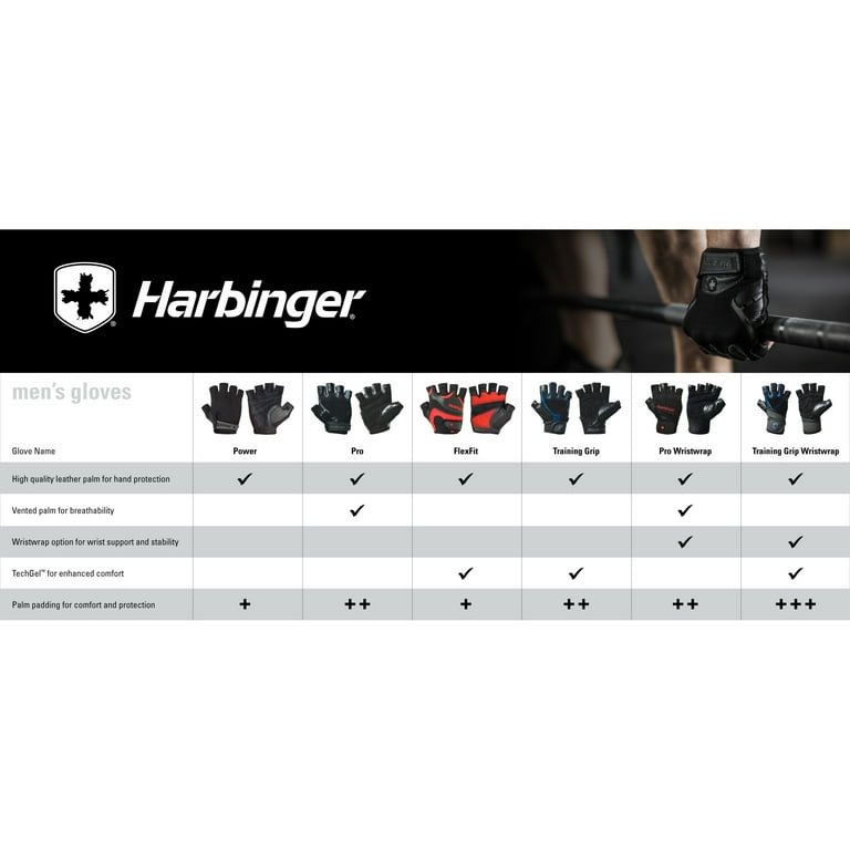 Harbinger Training Grip Non-Wristwrap Weightlifting Gloves with  TechGel-Padded Leather Palm (Pair), X-Large 