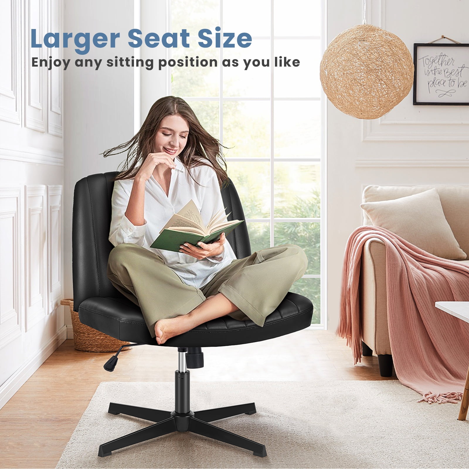 JIOABL Criss Cross Chair Armless Cross Legged Office Desk Chair Adjustable Swivel Ergonomic Desk Chair No Wheels U Shaped Backrest with Wide Seat Computer Task Vanity Chair for Home Office,PU Black