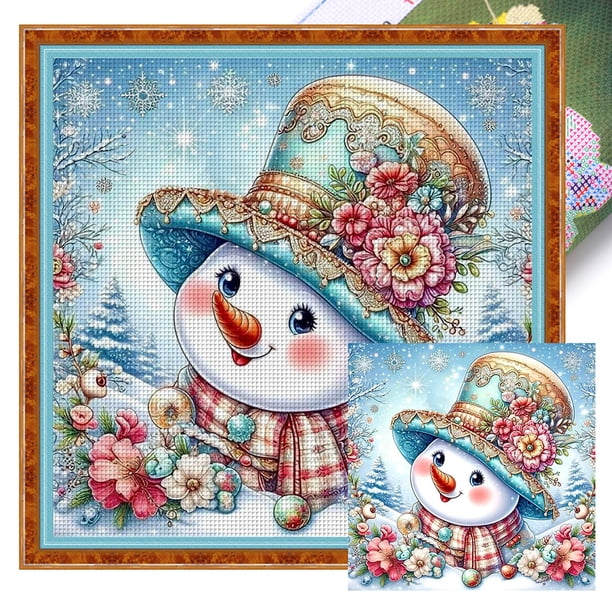 Kit Punto Cruz Con Muñeco Nieve Hilo Algodón Ecológico Bordado 11CT 40x40cm