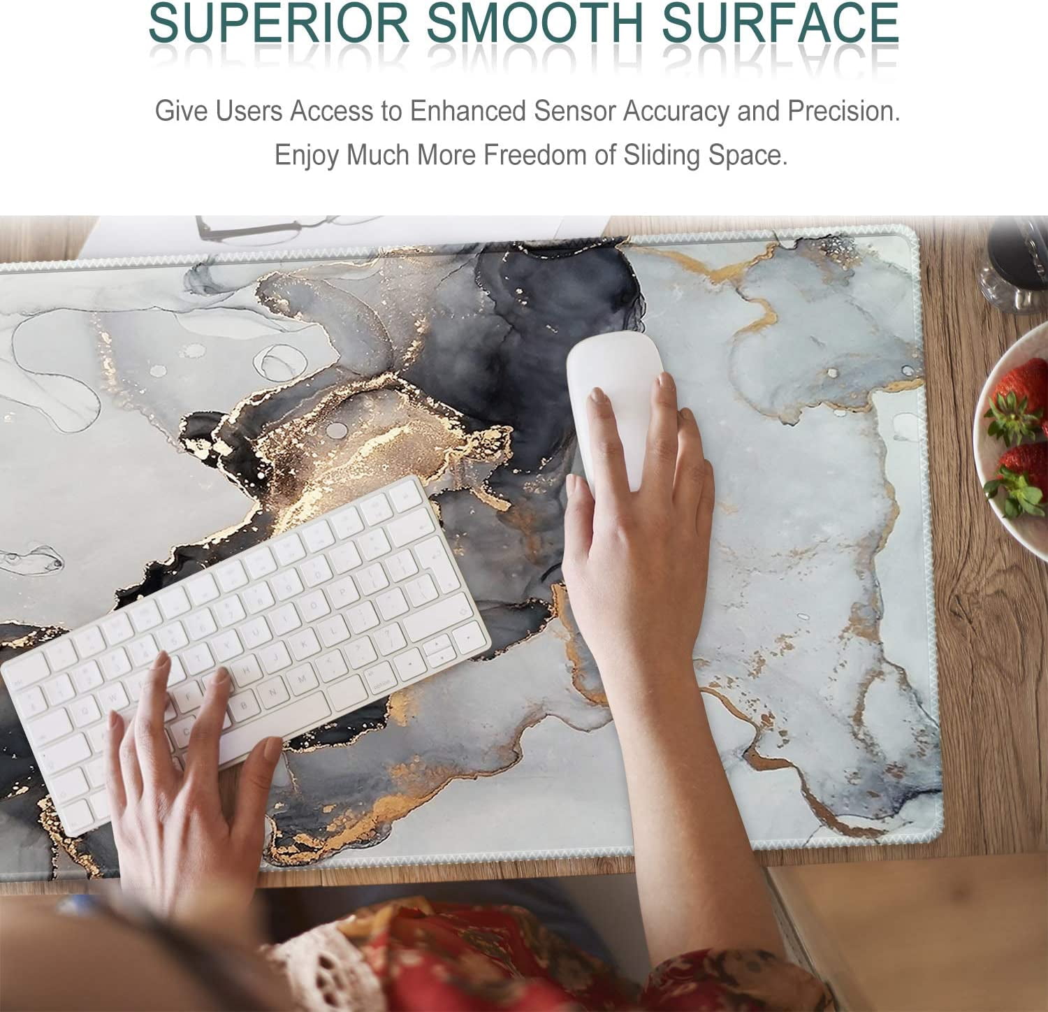 Extended Gaming Mouse Pad, 35.5x15.75 Non-Slip Large Desk Pad Mousepad with Stitched Edges Waterproof Keyboard Mouse Mat Desk Protector for Game, Office and Home, Ink Marble