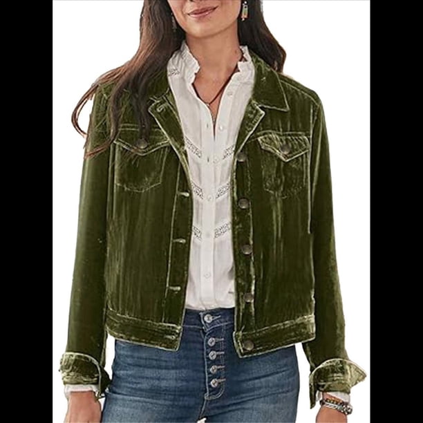Chaqueta de Terciopelo de Larga de Color Liso para Mujer, Abrigo Corto Informal con Hebilla y Bolsillos. Verde XL