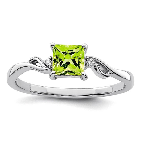 925 Sterling Silver Polished Rhodium Plated Diamond and Peridot Square Ring Size 8 2mm Wide Ring for Women