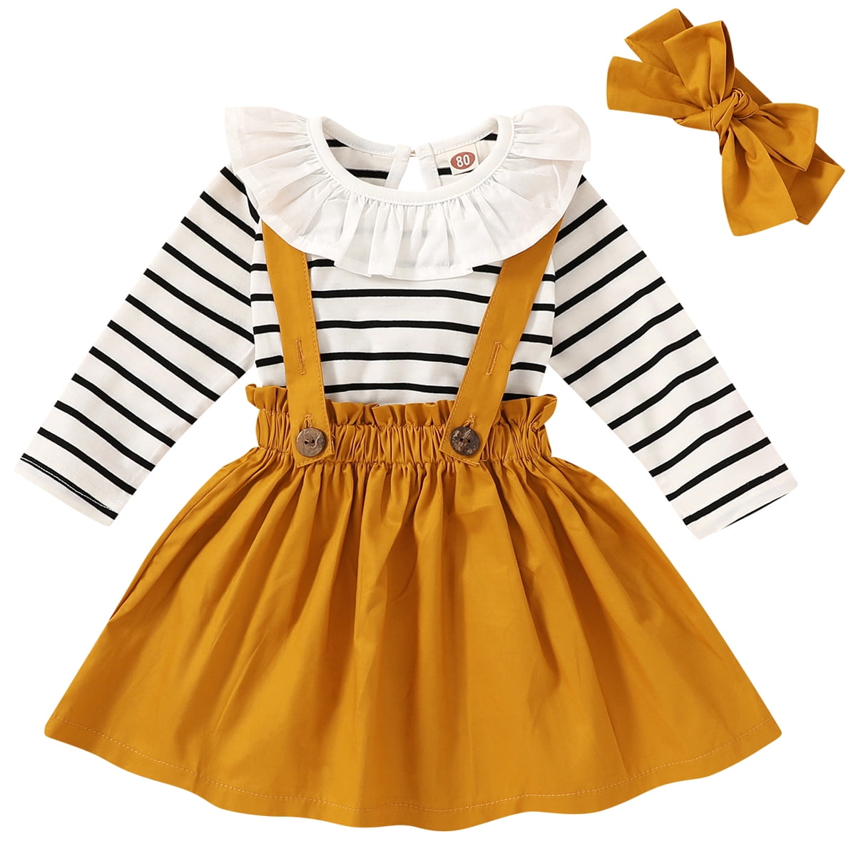 Suspender Skirt Set Toddler Girls 3pcs Black White Stripes Floral Ruffle Tops Jumpsuit
