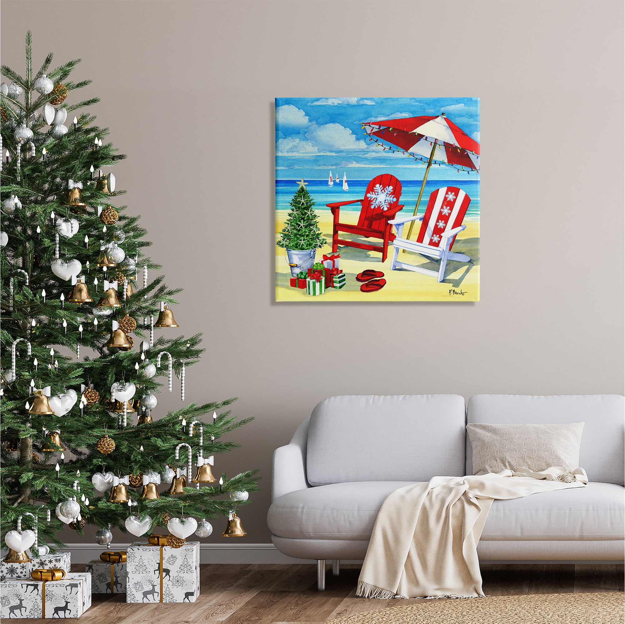 Stupell Industries Coastal Christmas Scene Holiday Painting Gallery Wrapped Canvas Print Wall Art, 30 x 30