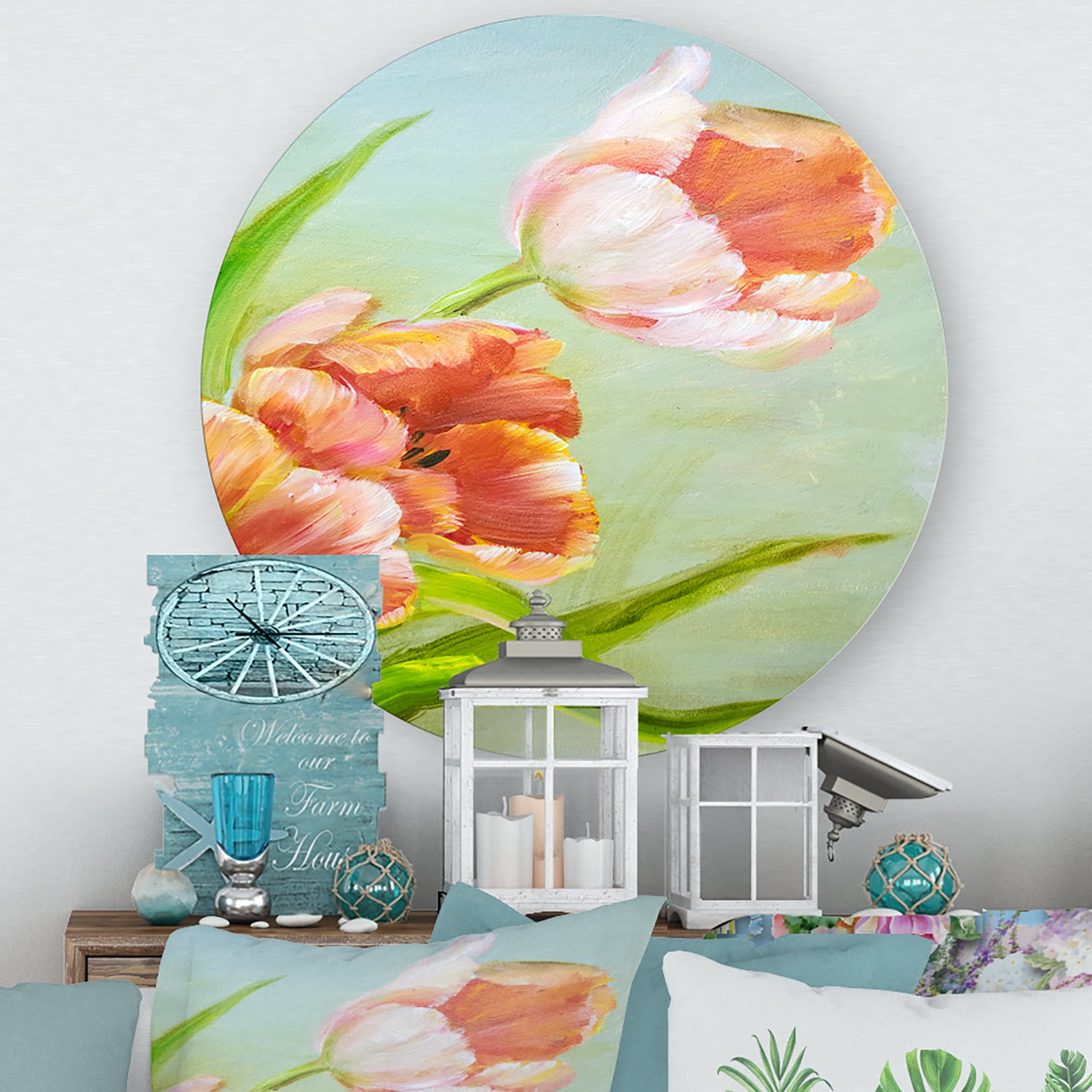 Designart 'Ancient Red Tulips Flowers I' Traditional Circle Metal Wall Art 23x23 - Disc of 23