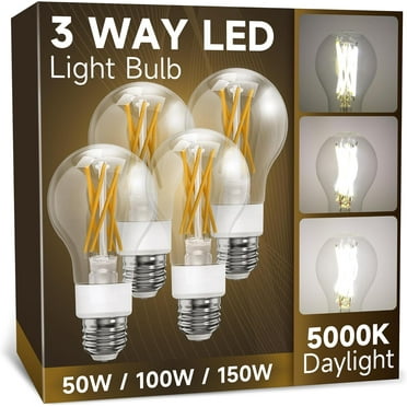 UKLL-3 Way Light Bulbs 50 100 150w Equivalent, A19 LED Daylight White 5000K, E26 LED Filament Light Bulbs, Three Way Light Bulb, Super Bright White Light Bulbs, Classic Clear Glass, 4 Pack
