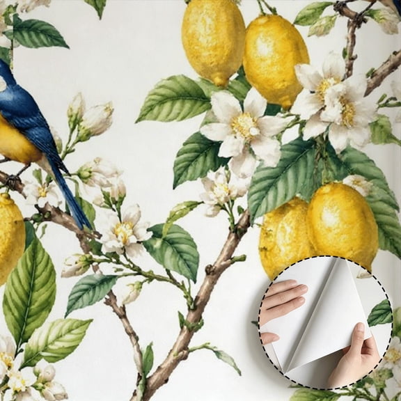 Lemon Tree Bird Floral Wallpaper, Farmhouse Vintage Rustic peel and stick wallpaper, waterproof, Home Decor for Kitchen Cabinet, Living Room, Bedroom, Bathroom, Dorm Room [17.7 * 118 in]