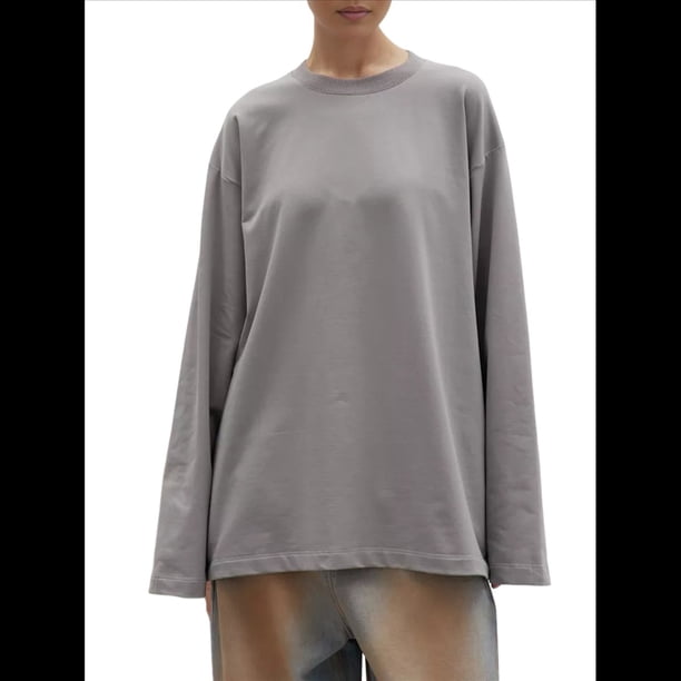 Camisetas de Larga Extragrandes para Mujer 2025, Camisetas Básicas de Cuello Redondo, Tops de Otoño, Ropa Informal de Entrenamiento Y2K Gris M