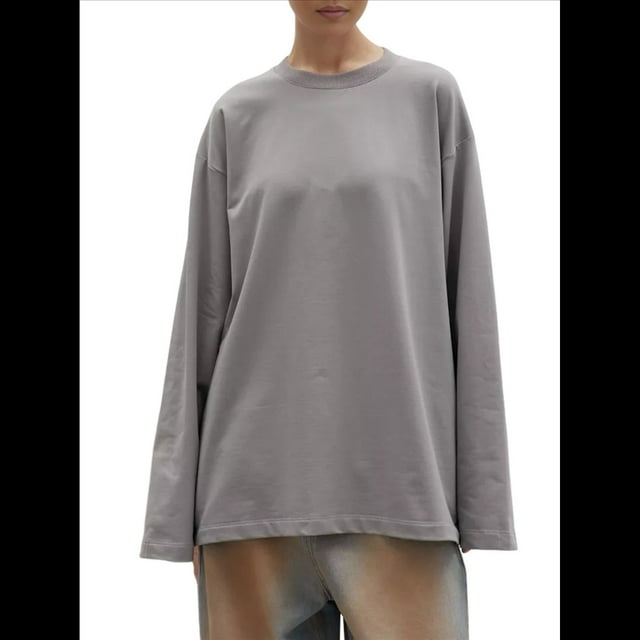 Camisetas de Larga Extragrandes para Mujer 2025, Camisetas Básicas de Cuello Redondo, Tops de Otoño, Ropa Informal de Entrenamiento Y2K Gris L