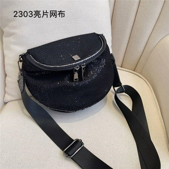 JUYGO Fashion Sequins Women crossbody bags Wide strap Saddle Shoulder bag for Female Messenger Bags Designer Oxford handbag black