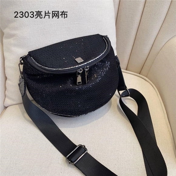 LHSHID Fashion Sequins Women crossbody bags Wide strap Saddle Shoulder bag for Female Messenger Bags Designer Oxford handbag black