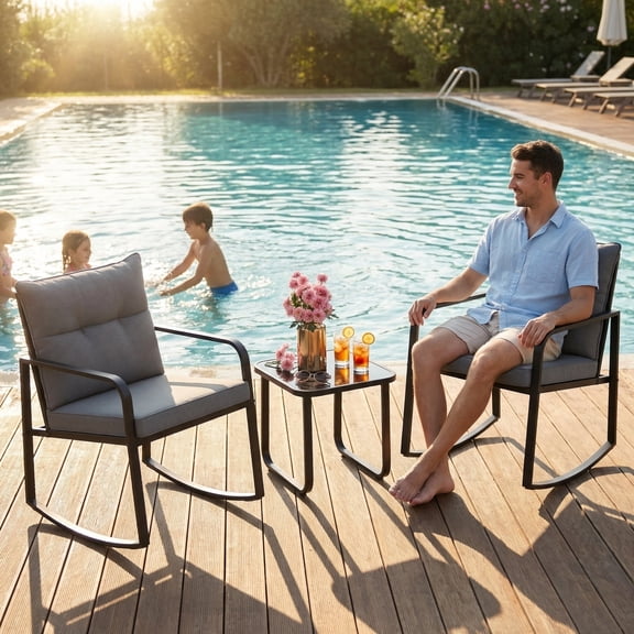 Lofka 3-Piece Outdoor Rocking Patio Furniture Set, Weather-Resistant Iron Frame with Tempered Glass Table & Cushions for Garden Poolside