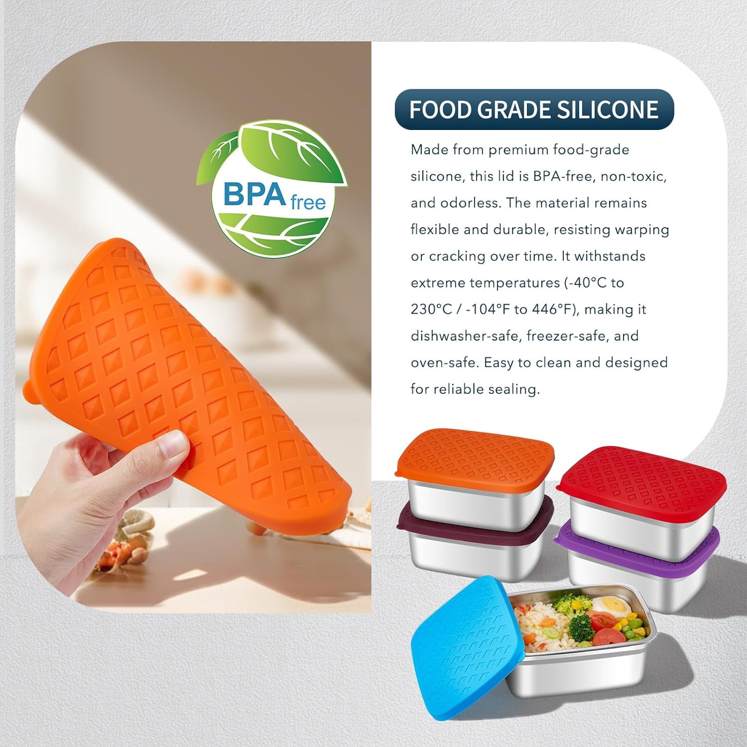 Airtight Silicone Lids Stainless Steel Food Containers - 5 Pack Extra Heavy Duty Meal Prep Boxes for Lunch, Freezer & Dishwasher Safe