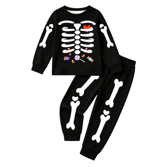 CAIVO Girls Boys Halloween Pajama Set O-Neck Long Sleeve Tops With Matching Pants Cartoon Skeleton Print Cozy 2 Piece Sleepwear For Autumn Winter Kids Pjs