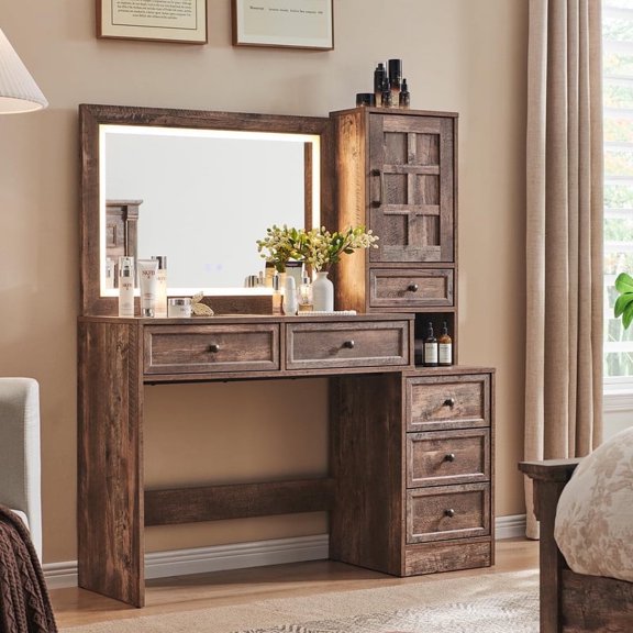MIHOVER Farmhouse Vanity Desk with Touch Screen LED Mirror, 47" Big Make Up Table with 6 Drawers, Glass Top, Charging Station, Rustic Wood Dressing Table w/3 Color Available