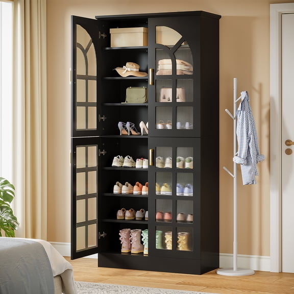 Tribesigns 8-Tier Shoe Cabinet with 4 Doors and Led Lights, 76" Tall Shoe Rack Organizer with Adjustable Shelves for Entryway, Closet, Black