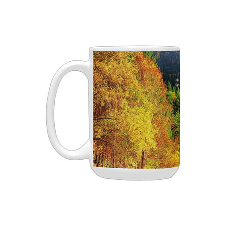 

Scenery Mother Nature Landscape of Autumn and Lake in China Digital Print Marigold Fern Green Ceramic Mug (15 OZ) (Made In USA)