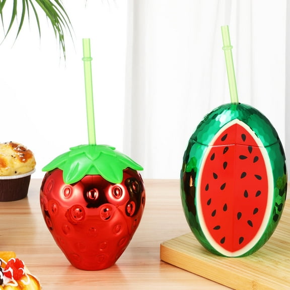 Worgeous FruitThemed Drink Cups with Lids and Straws for Party Use Red PP Plastic Strawberry Watermelon Design 2 Pcs
