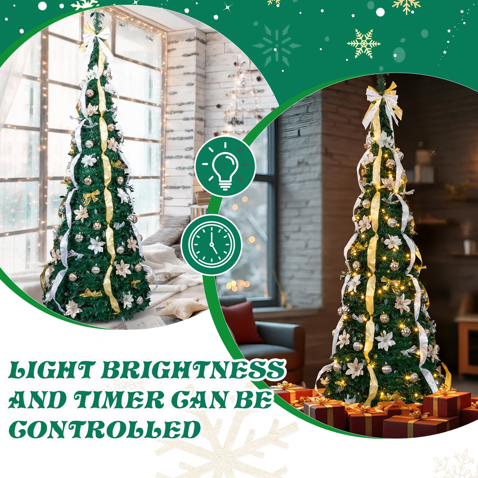 7 FT Fully Decorated Pre-lit Christmas Tree, Pop Up Artificial Xmas Tree with 200 Warm Lights Remote Control and Godlen & Silver Ornaments for Home Office Store Holiday Decor