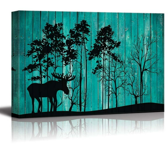wall26 - Silhouette Illustration of Trees on a Forest and a Moose Over Teal Wooden Panels - Canvas Art Home Art - 12x18 inches