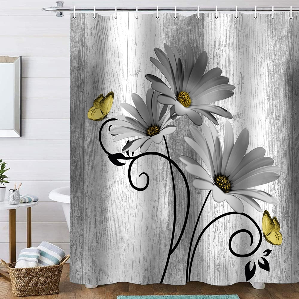 Hadint 4Pcs Gray Daisy Floral and Butterfly Shower Curtain Set, Shower Curtain and Rug Set, 12 Pcs Hooks, 71inx71in