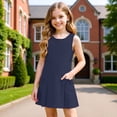 thumbnail image 2 of Arlun Girls Sleeveless Uniform Jumper Dress Cute Crew Neck Short Sleeve Knee Length School Pleated Dresses with Side Pockets Solid Color Casual Back to School Clothes 1-Blue 110, 2 of 8
