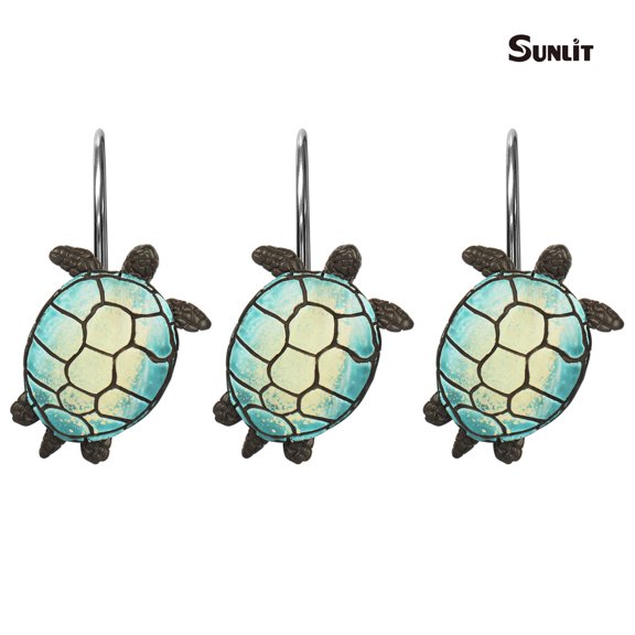 Sunlit Tilt Sea Turtle Shower Curtain Hooks, Home Decorative Shower Curtain Rings for Bathroom, Ocean Shower Curtain Hanger Hooks for Kid Room Living Room, Set of 12
