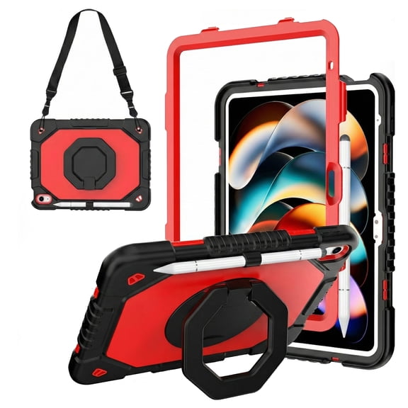 Dteck Case for iPad (A16) 11th Generation/iPad 10th Generation 10.9" with Pencil Holder, Heavy Duty Shockproof Rotate Stand Handle Protective Cover with Shoulder Strap,Red