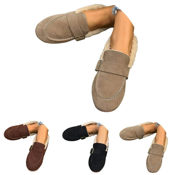 Pandaie Women's Winter Loafers Suede Fleece Lined Slip on Flats Shoes Buckle Snow Moccasins No Heel Casual Dressy Work Oxfords Black 9
