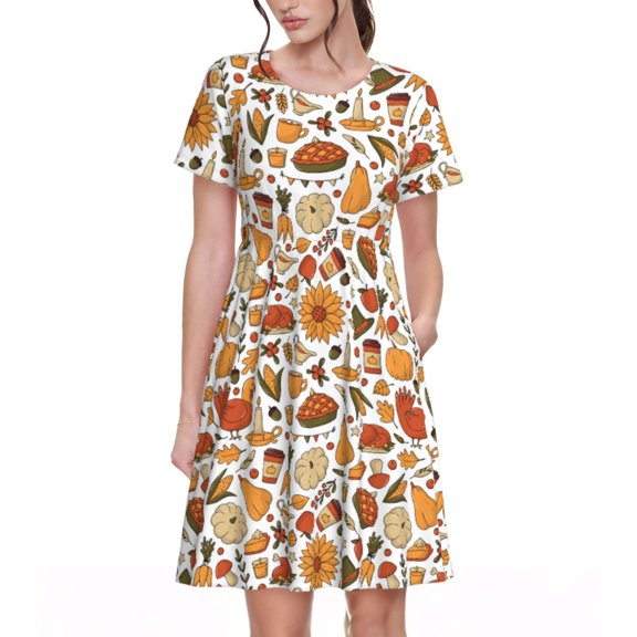 Rateoe Thanksgiving with Food Pattern Women’s Short Sleeve Dress – Casual Elegant Summer A-Line Dress for Everyday Wear