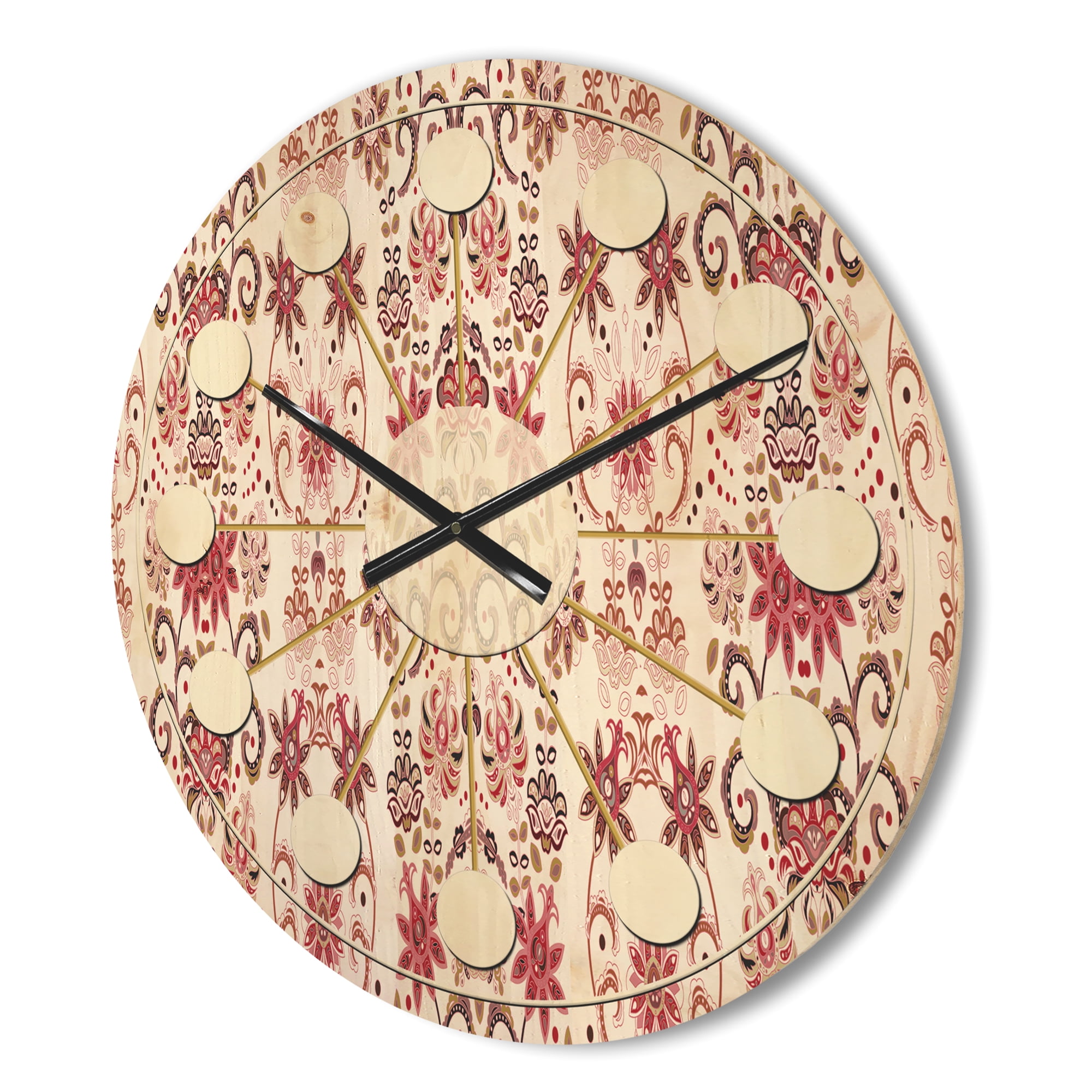 Designart 'Red Ornamental Retro Pattern' Mid-Century Modern Wood Wall Clock