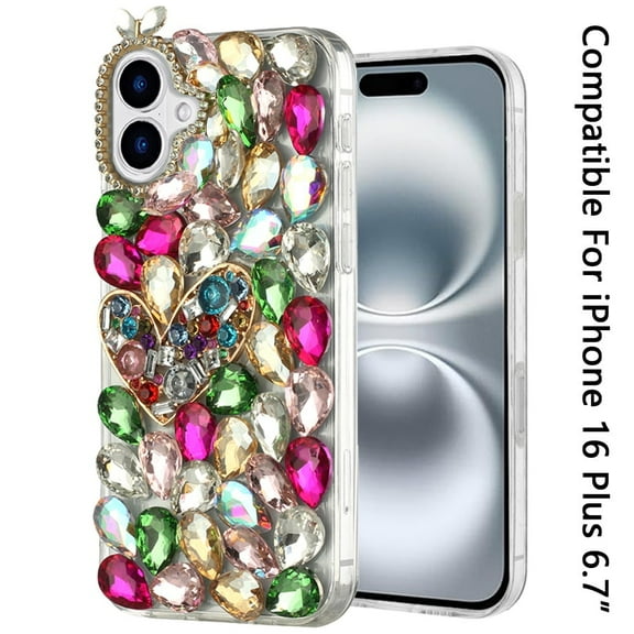 For Apple iPhone 16 Plus (6.7") Bling Crystal 3D Full Diamonds Luxury Sparkle Rhinestone Hybrid Protective Cover, XPM Phone Case [Colorful Heart]
