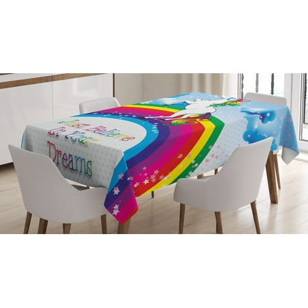 

Kids Tablecloth Unicorn Surreal Myth Creature before Rainbow Clouds Star Fantasy Girls Fairytale Image Rectangular Table Cover for Dining Room Kitchen 60 X 90 Inches Multicolor by Ambesonne