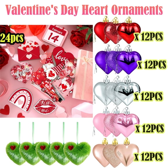 12PCS Valentines Day Heart Ornaments, Hanging Heart Shaped Baubles Decorations, Romantic Valentines Christmas Tree Ornaments for Wedding Anniversary Party Home Indoor Decor, AKLJWH, Pink