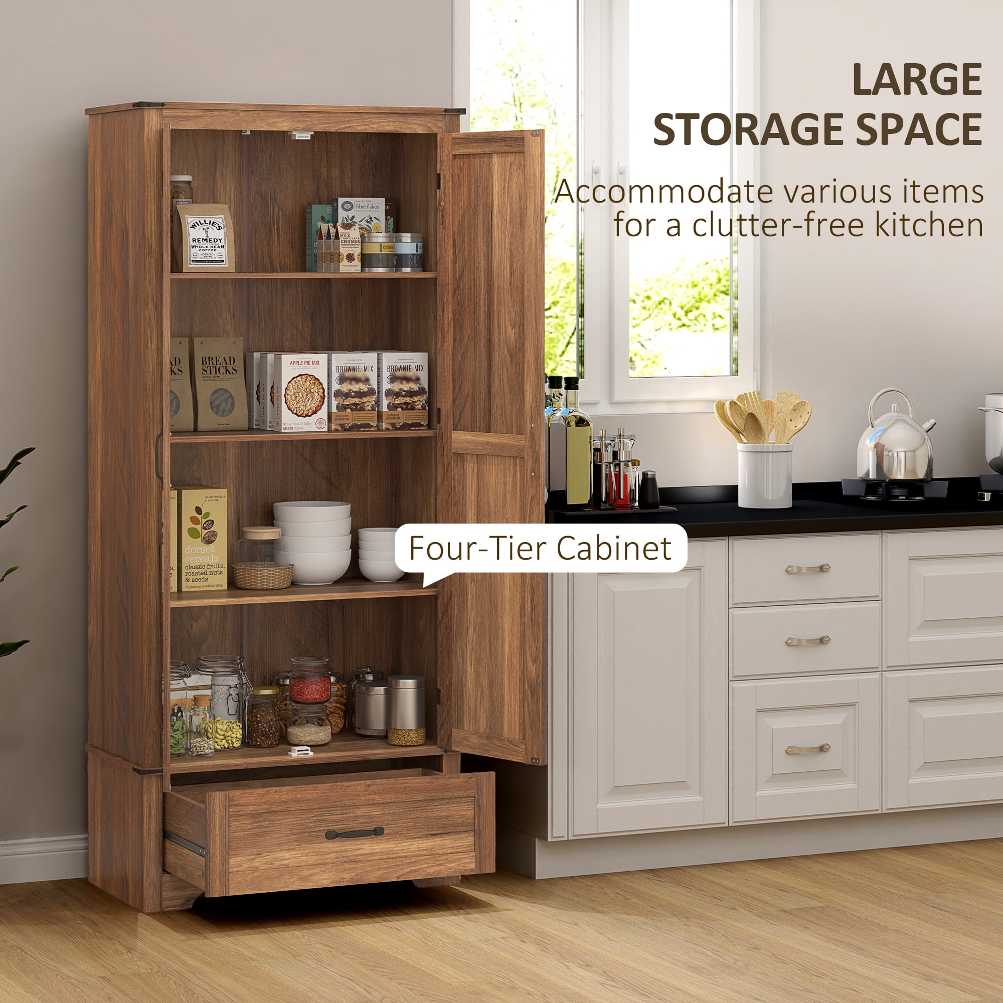 HOMCOM 72" Farmhouse Pantry Cabinet, Kitchen Pantry Cabinet, Brown