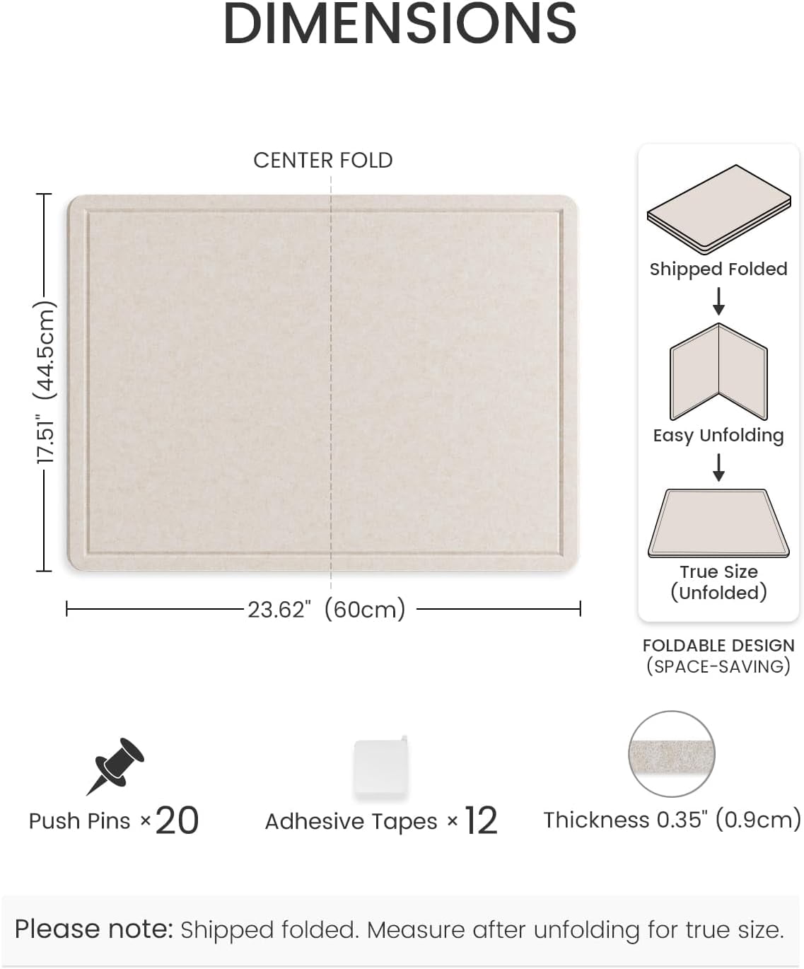Bulletin Board, 23.6" x 17.5" Cork Board Alternative with 12 Safe Removable Adhesive Tabs, Foldable Felt Pin Board for Home Office, Classroom, Bedroom,Entryway for Walls—Oatmeal