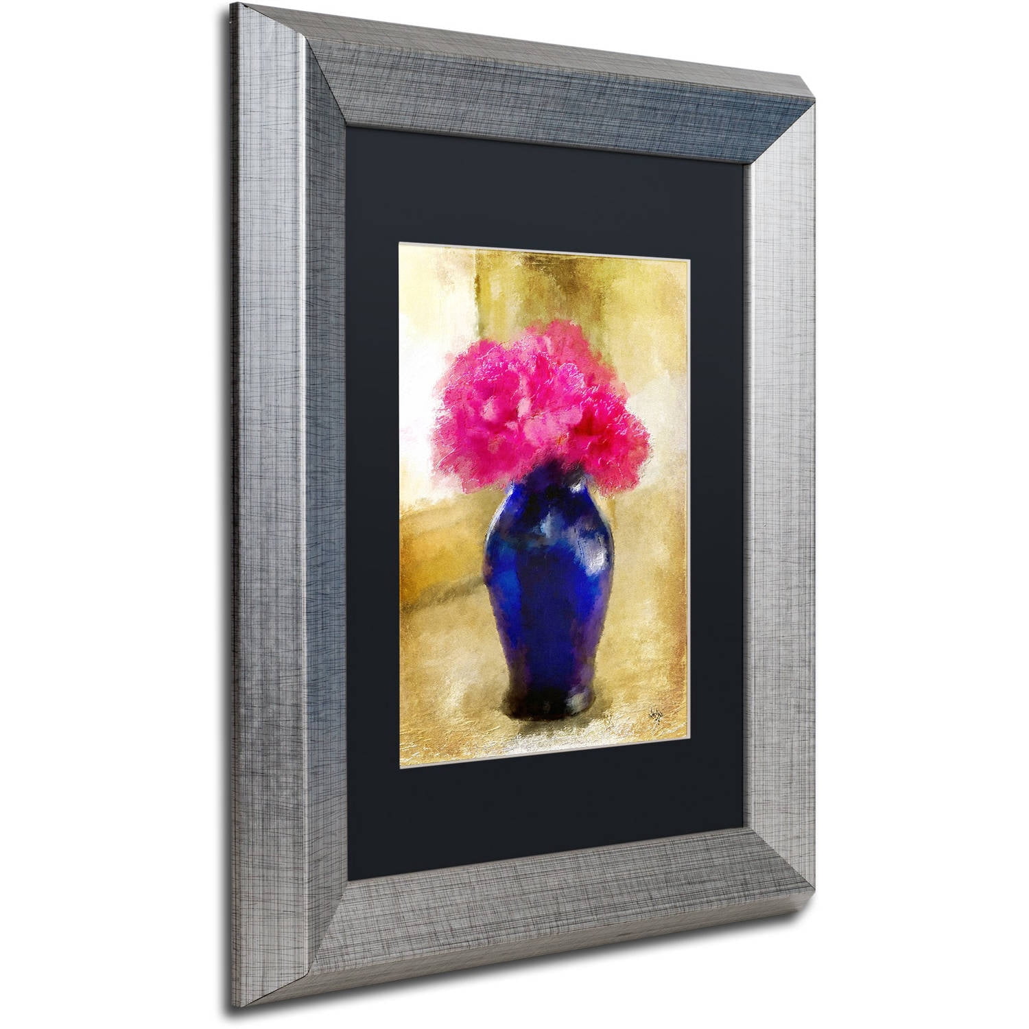 Trademark Fine Art "Pink Carnations in Cobalt Blue Vase" Canvas Art by Lois Bryan Black Matte, Silver Frame