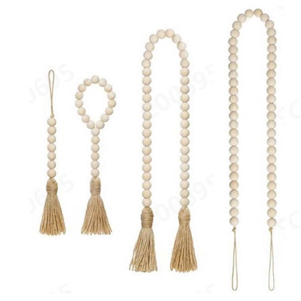 Cuentas de granja, guirnalda de cuentas de madera con borlas, decoración rústica del país, cuentas bohemias de oración, decoración colgante de pared grande