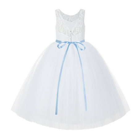 

V-Back Ivory Lace Flower Girl Dress Tutu Tulle Ballroom Gown 212R4