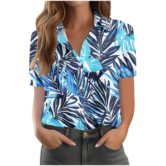 Pantalones Cortos para las Mujeres Impresión Sexy Cómodo Bolsillo de Manga Corta, Botón Top Blusa Camiseta