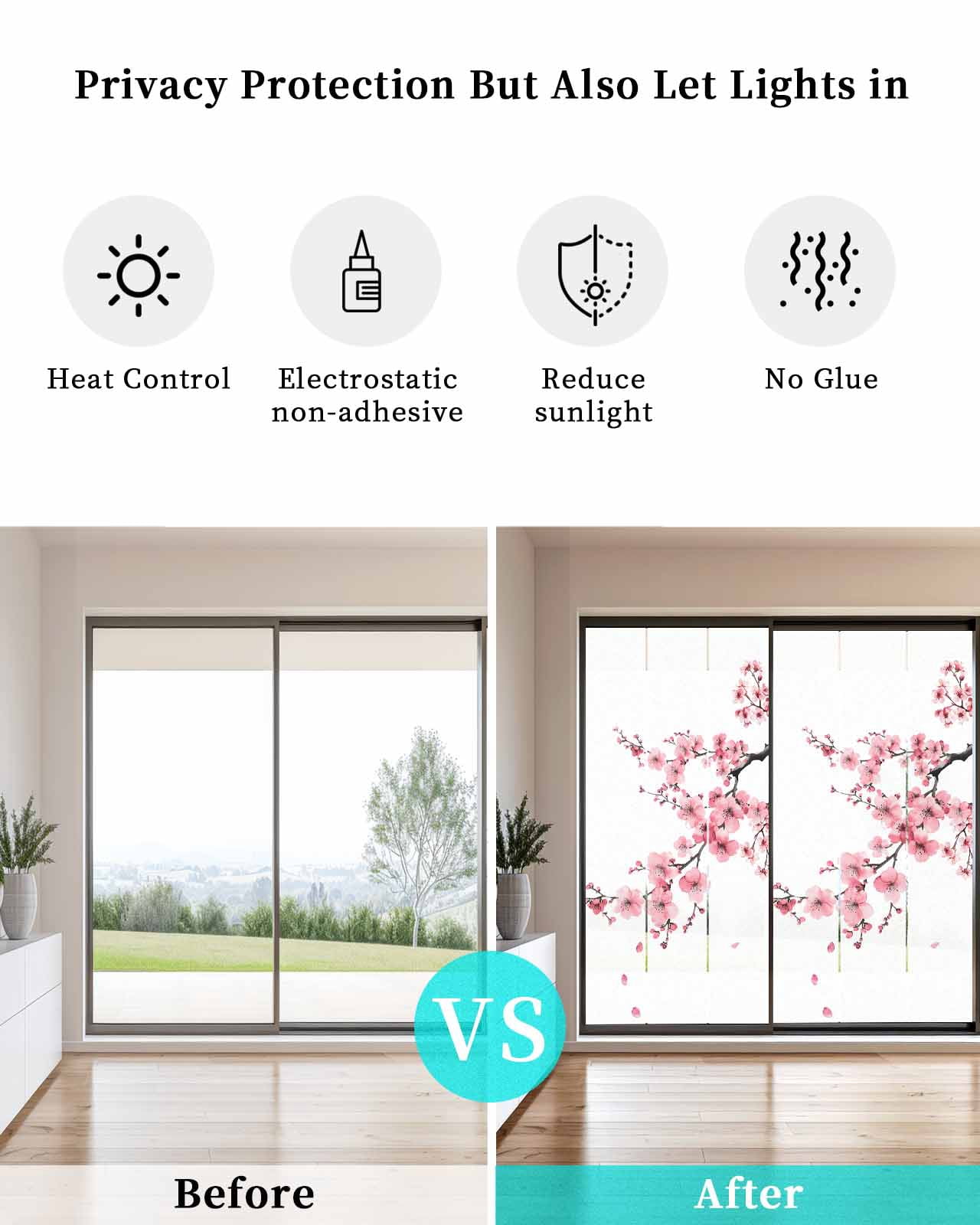 Window Privacy Film Pink Flower Stained Glass Window Film Decorative Sun Block Window Cover Spring Summer Botanical Floral Branches Window Clings Static Adhesive Sticker for Bathroom 35.4"x78.7"