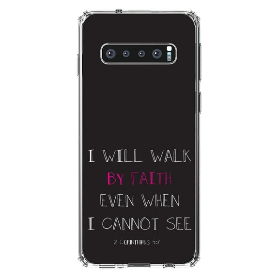 DistinctInk Clear Shockproof Hybrid Case for Samsung Galaxy S10 (6.1" Screen) - TPU Bumper, Acrylic Back, Tempered Glass Screen Protector - 2 Corinthians 5:7 - Walk By Faith Even When I Cannot See