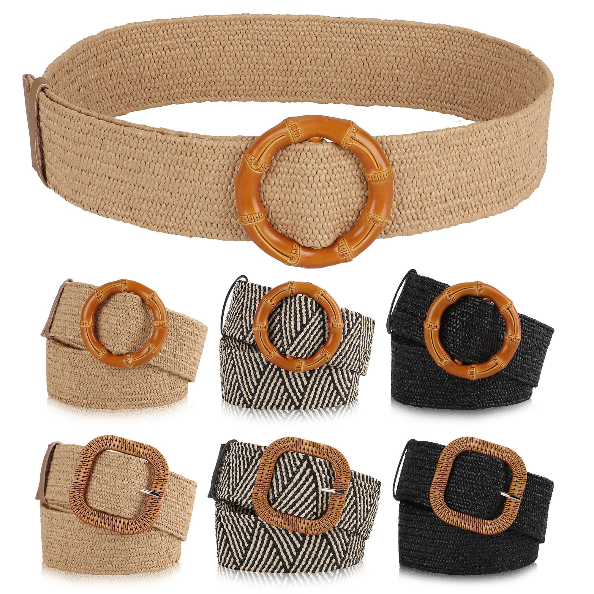 Straw Woven Elastic Stretch Waist Belt, Boho Braided Skinny Dress Belt WHIPPY Women Straw Woven Elastic Stretch Waist Belt  main image 4