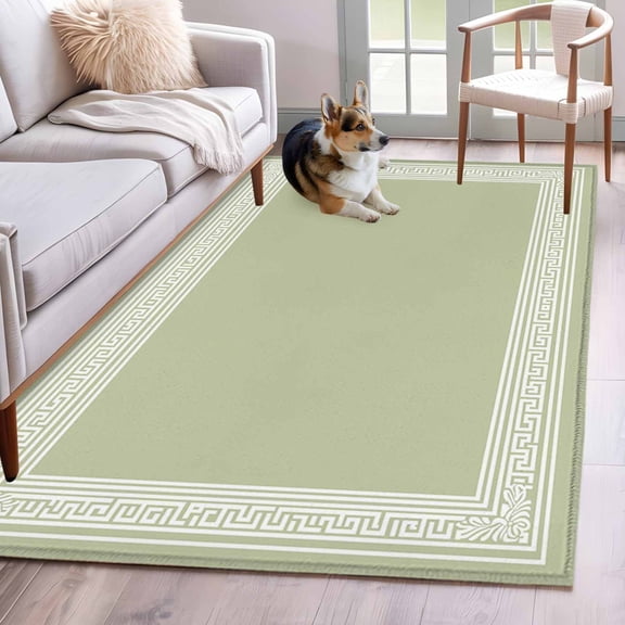 Sage Green Greek Key Area Rug 3x5 Washable Rug Non Slip Geometric Greece Ancient Farmhouse Geo Large Area Rug Indoor Floor Carpet for Entryway Bedroom Kitchen Living Room Office Dining Room Nursery